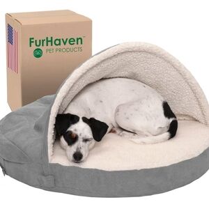 Cozy Gray Dog Bed with Hooded Blanket